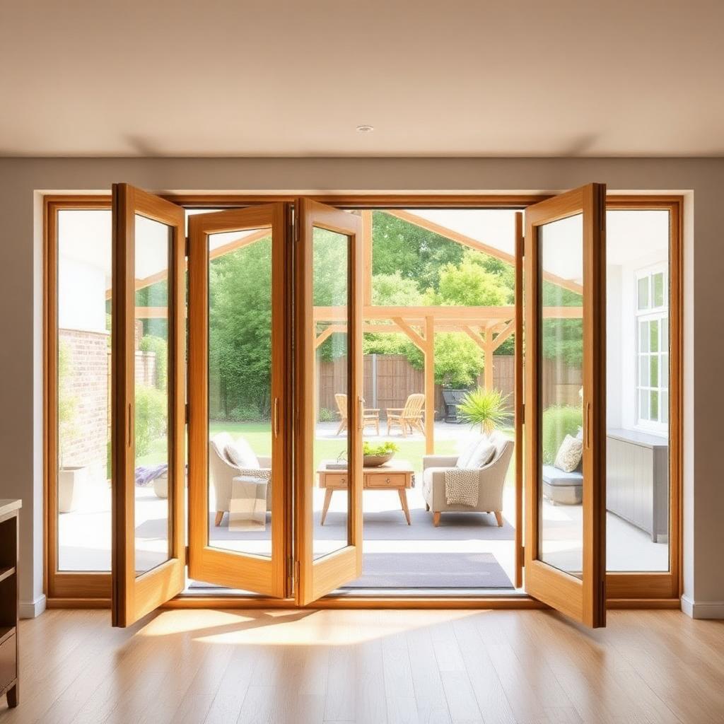 Aluminium bi-fold doors fully open, connecting a living room to a garden patio